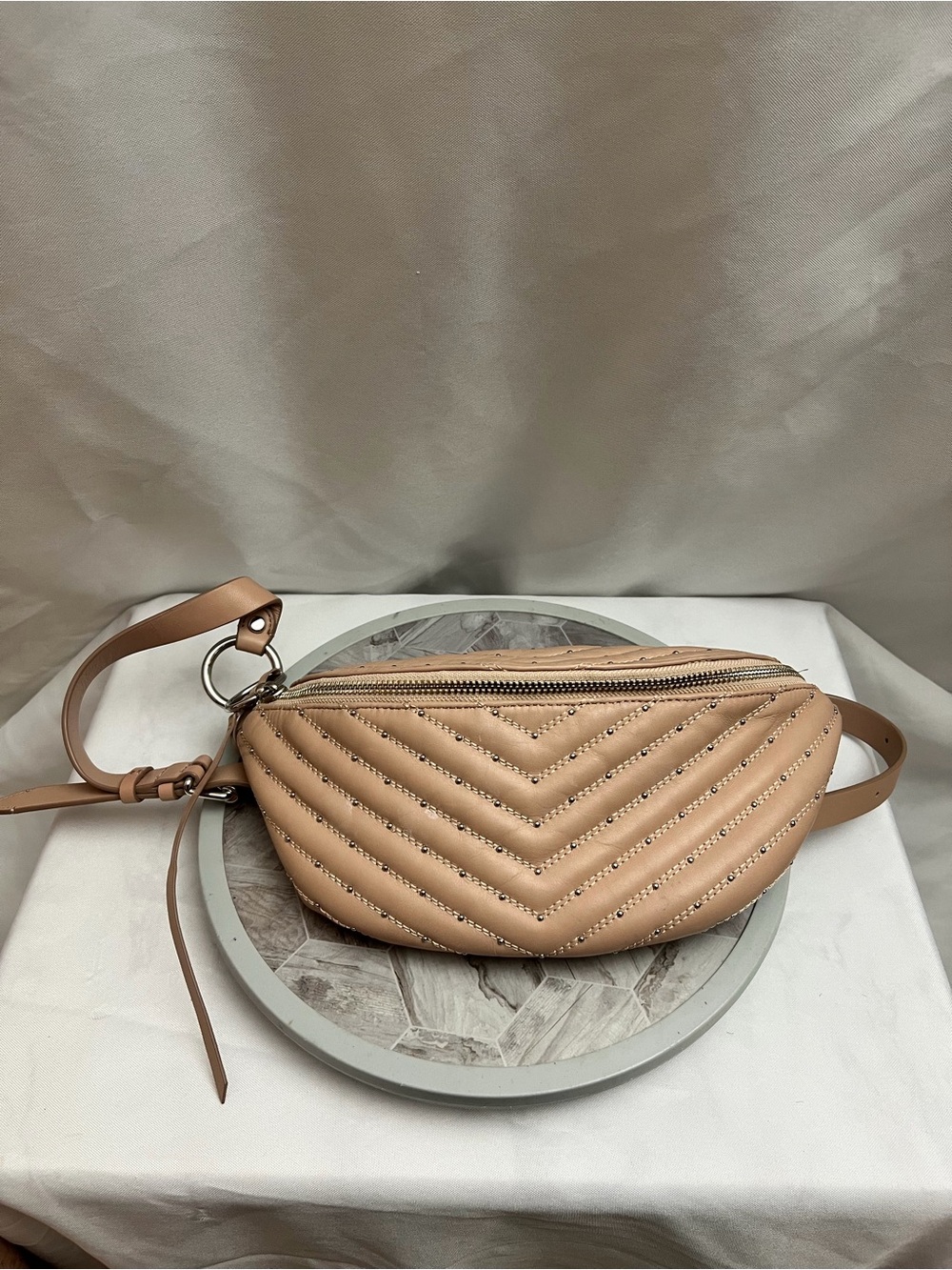 Rebecca Minkoff Quilted Studded Leather Belt Bag Tan Beige Crossbody